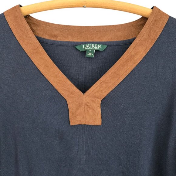 Ralph Lauren Womens 1XL Navy Blue V-Neck Long Sleeve Top Brown Micro Suede Trim - Picture 3 of 7